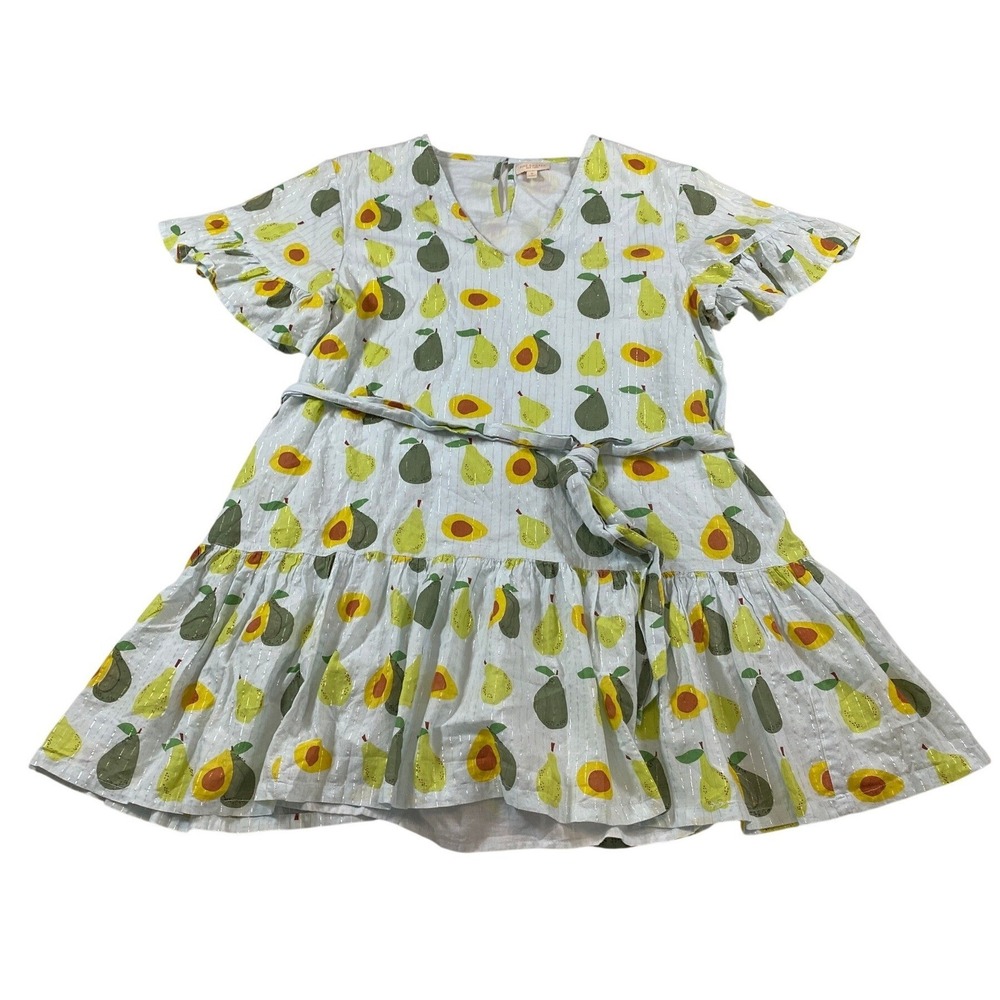 Pink Chicken Avocado Pear Fruit Print Mini Dress Blue Metallic‎ Stripe Womens M
